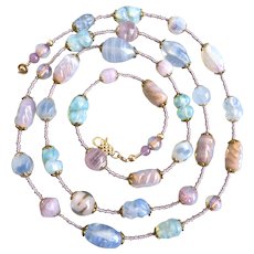 Long Necklace of Vintage Pastel Colored Glass Beads with Earrings, One of a Kind,40"