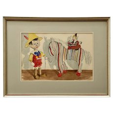 Lucille A Runbeck, Pinocchio with Toy Pony and Dollie Watercolor Painting