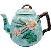 Majolica English 1800's Blue Floral Teapot