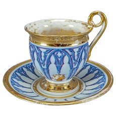 Marc Schoelcher Old Paris Hand Painted Blue Gothic Arch & Gold Floral Cup & Saucer