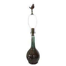 Mid Century Ceramic Lamp with Bird Finial - Eggplant & Turquoise Glaze - Circa 1950's