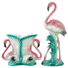 Mid-century Flamingo Figure and Vase Set Maddux of California