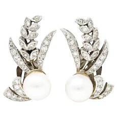 Mid-Century Pearl Diamond 14 Karat White Gold Foliate Ear-Clip Earrings