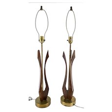 Mid Century Walnut and Brass Table Lamps after Adrian Pearsall