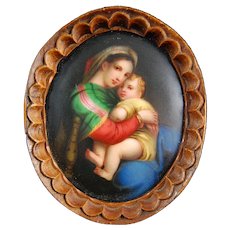 Miniature Painting on Porcelain La Madonna Della Sedia After Raphael