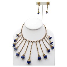 Miriam Haskell Brass and Cobalt Blue Glass Bib Necklace and Drop Earring Set