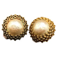 Miriam Haskell Clip On Earrings Signed Gold Tone Flowers With Pearls