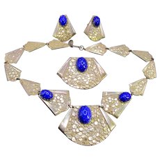 Miriam Haskell by Larry Vrba Egyptian Revival Faux Lapis  Necklace, Brooch and Earring Parure
