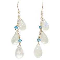 Moonstone & Blue Topaz Dangle Earrings 14K Gold