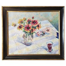 Oil Painting On Canvas Still Life With Flowers by French Painter Mid century