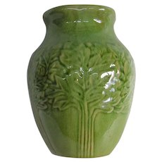 Olive Green Tree Design Yellowware Vase