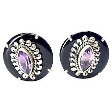 Onyx, Faceted Amethyst, Indonesian Silver Button Earrings