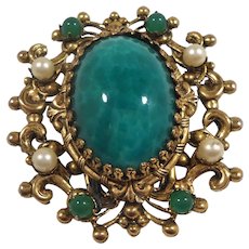 Ornate Textured Dimensional Green Cabochons Imitation Pearls Brooch
