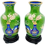 Pair of Chinese Cloisonné Vases with Flowers on Teak