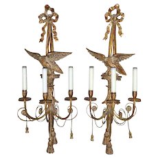 Pair of LARGE Italian Carved Gilt Wood Wall Lamps Sconces w/ Eagles Birds
