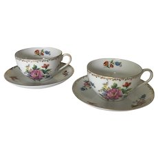 Pair Of Noritake Dresdlina Teacups And Saucers, Hand Painted, Mid 1940’s