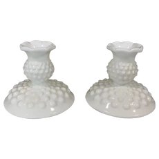 Pair Of Vintage Fenton Milk Glass Hobnail Candle Holders