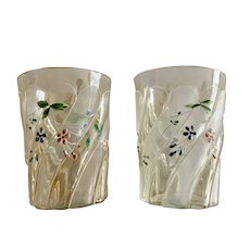 Pair of Vintage Glass Tumblers Hand Painted Enamel Flowers