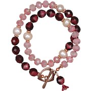 Pink and Cranberry Czech Glass Bead Double Wrap Bracelet with Freshwater Cultured Pearls