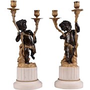 Pr. Of French Putti Patinated Bronze and Marble Candelabras