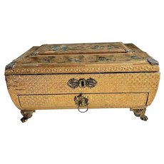 Rarest Regency Sewing Box, Gold Foil Covered & Velvet Theorem Georgian Sewing Casket Circa 1820