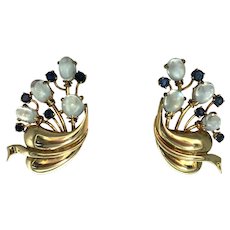 Retro 14K Yellow Gold Moonstone and Sapphire Earrings
