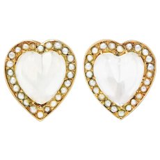 Retro Moonstone Pearl 14 Karat Gold Heart Screwback Earrings