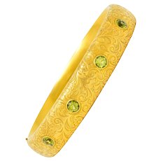 Riker Brothers 4.00 CTW Peridot 14 Karat Yellow Gold Gemstone Antique Bangle Bracelet