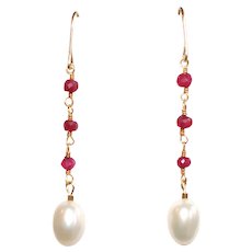 Ruby and Cultured Pearl Dangle Earrings