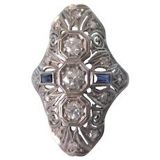 SALE!!   Stunning 18k WG Art Deco Diamond and Sapphire Filigree Large Ring, Size 6-3/4