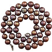 SCRUMPTIOUS 10mm Warm Colorful Chocolate / Bronze Cultured Pearls !  Gorgeous 17.25" Sterling Silver Vintage Necklace !