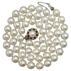 SCRUMPTIOUS 18.5" Japanese Cream Akoya 7.4mm Salt Water Round Pearl Hand Knotted Necklace ! -Beautiful 8 Karat "333" Gold Clasp with Pearl, 1940's Retro