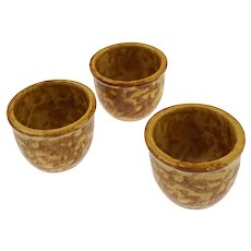 Set 3 Yellow Ware Spatterware Glazed Pottery Custard Cups Small Bowls Mottled Brown - 20th C., USA