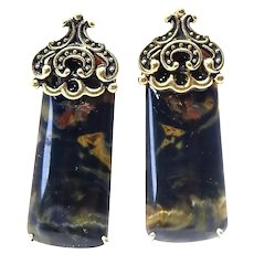 Shimmery Golden Black Pietersite French Clip Button Earrings