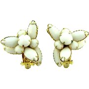 Signed Beau Jewels clip back tiered Earrings with milk glass stones