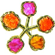 Signed by JOY - Delightful 1960s Era Plique a Jour Stained Glass Vintage Resin FLOWER Pin - Lovely Colors!