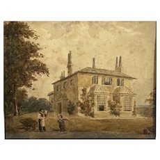 Signed Watercolor Painting of a 19th Century French Style Home & Gardeners
