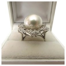 South Sea Pearl and Diamond Accent 18k White Gold Flower-Motif Ring