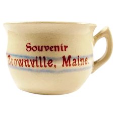Souvenir Banded Yellow Ware Advertising Miniature Chamber Pot Potty Brownville, Maine ca. 1900-1920