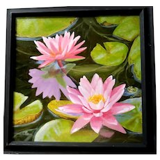 SPECIAL SALE *  Excellent Contemporary Artist Carolann Knapp Original Signed Oil Painting "Twin Pink Water Lillies" - Style of the Indian River School and the Style of the Florida Highwaymen