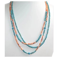 Spiny Oyster and Turquoise 3-Strand Southwestern Style Necklace