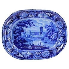 Staffordshire Transferware Antique WILLIAM ADAMS Historical Dark Blue Platter -  Jedburgh Abbey