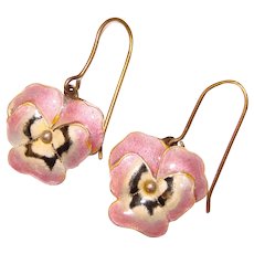 Fabulous STERLING Enamel Pink Pansy Design Vintage Dangle Earrings