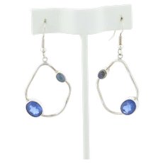 Sterling Silver Blue CZ and Moonstone Earrings Dangle Drop Earrings
