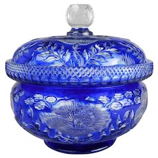 Stevens & Williams Brilliant Period Cut Glass Cobalt Overlay Bowl and Cover
