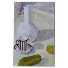 Still Life of Vase, Demitasse, and Pickles - Illegible Signature - Oil on Canvas