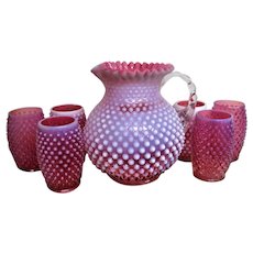 Stunning Fenton Cranberry Opalescent Hobnail Pitcher and Tumbler Set
