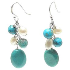 Stunning Natural Turquoise and Cultured Pearl Dangle Earrings