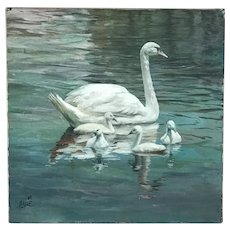 Swan with Cygnets swimming in a lake painting signed ANDRO '85