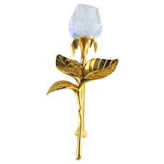 Swarovski Gold Tone Rose Stem and Crystal Flower Pin